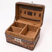 Tooled Leather Lockbox with Floral Scrollwork & White Lacing-Jewelry Case
