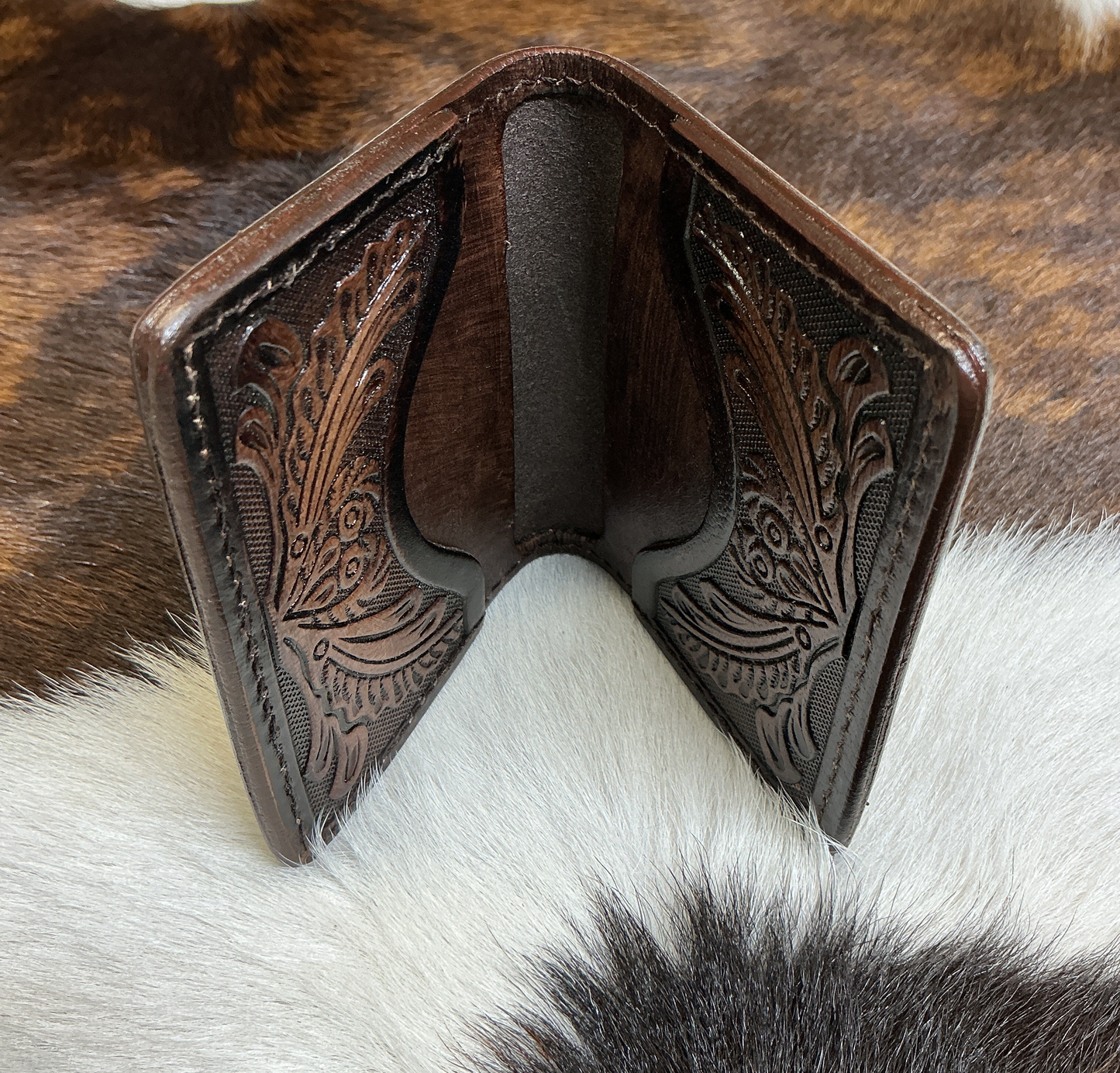 Bi-Fold Dark Brown Floral Carved Wallet