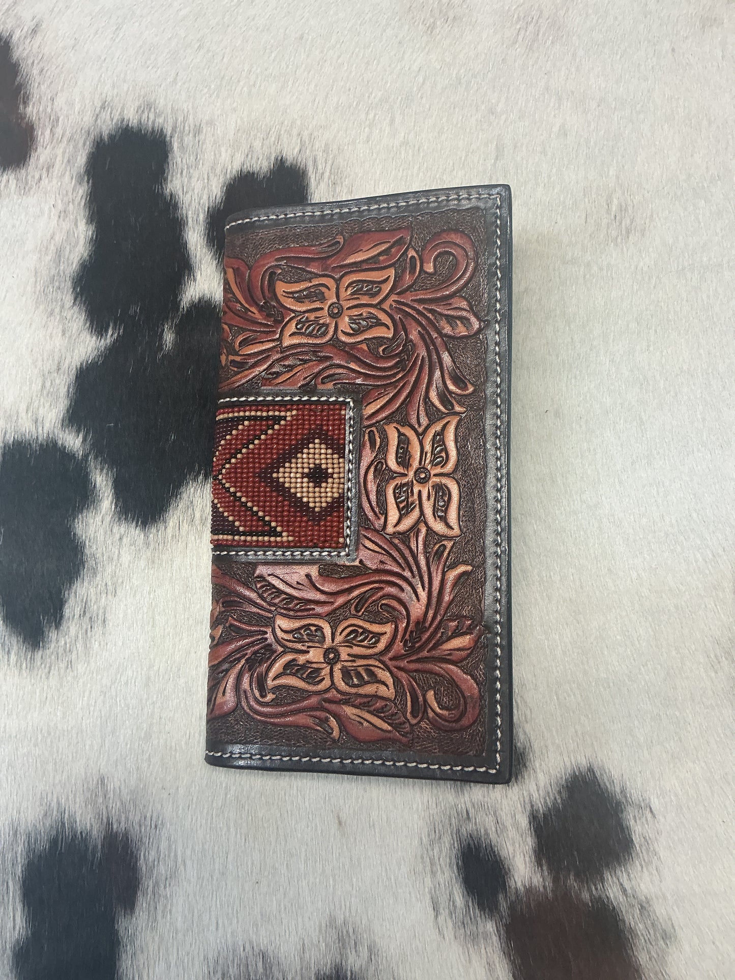 Dark Floral Wallet w/Earthtone Beading
