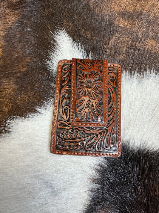 Floral Carved Money Clip Wallet