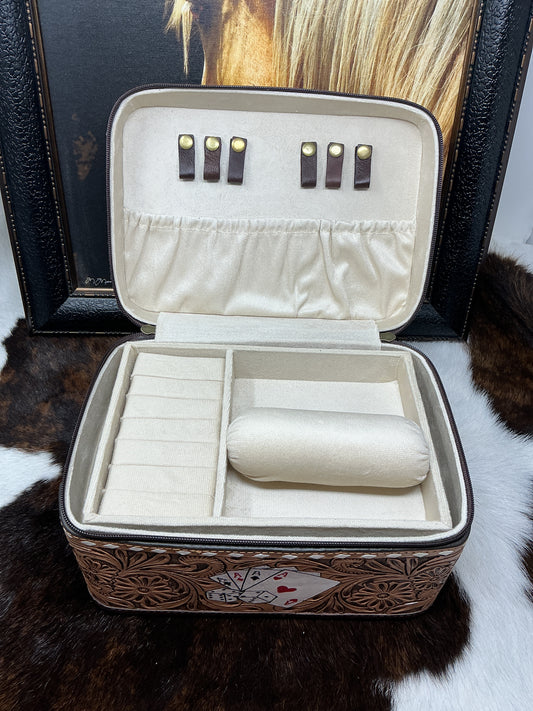 Floral Carved Jewelry Case w/Cowhide & Card Suits