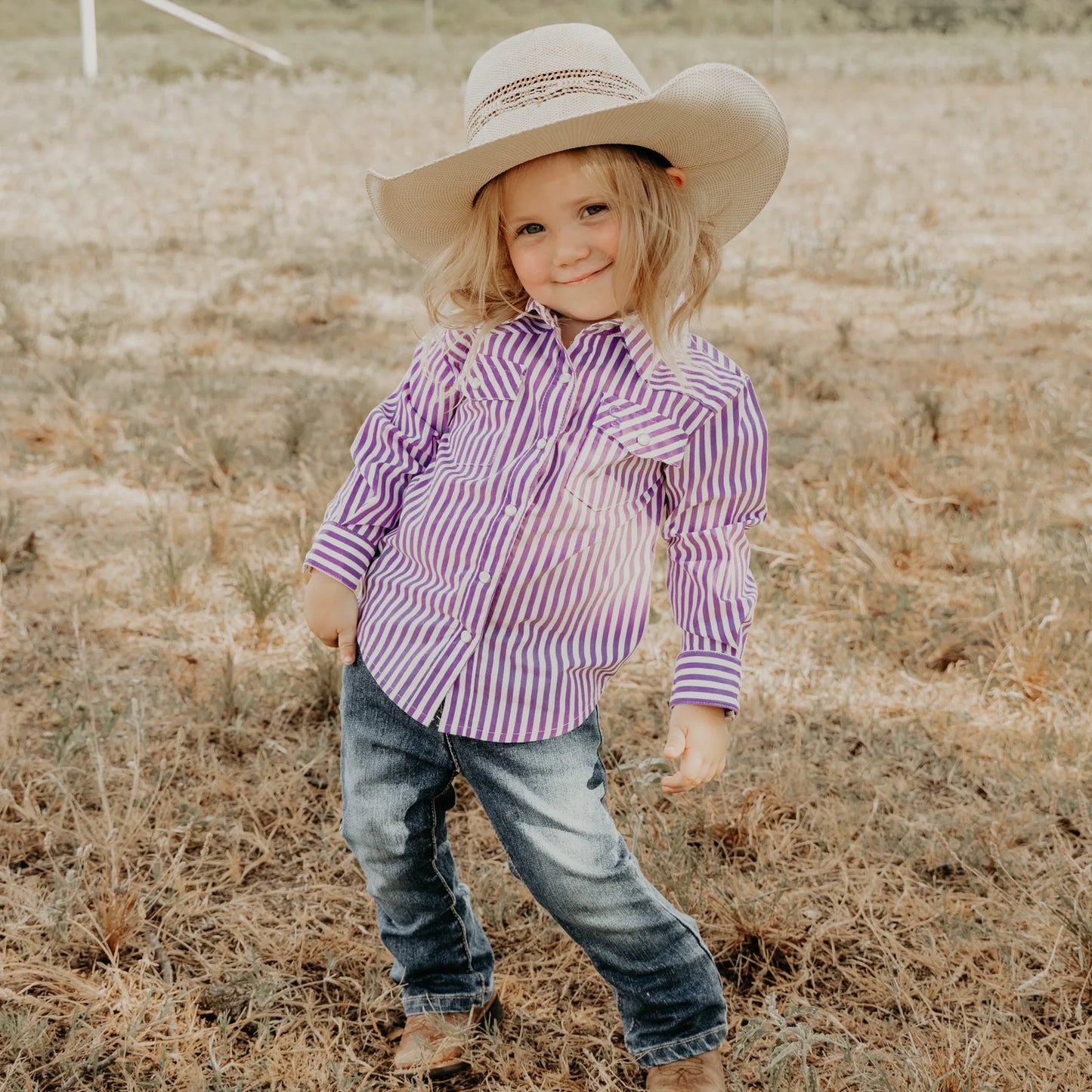 Purple & White Stripe Long Sleeve Pearl Snap Onesie & Shirt