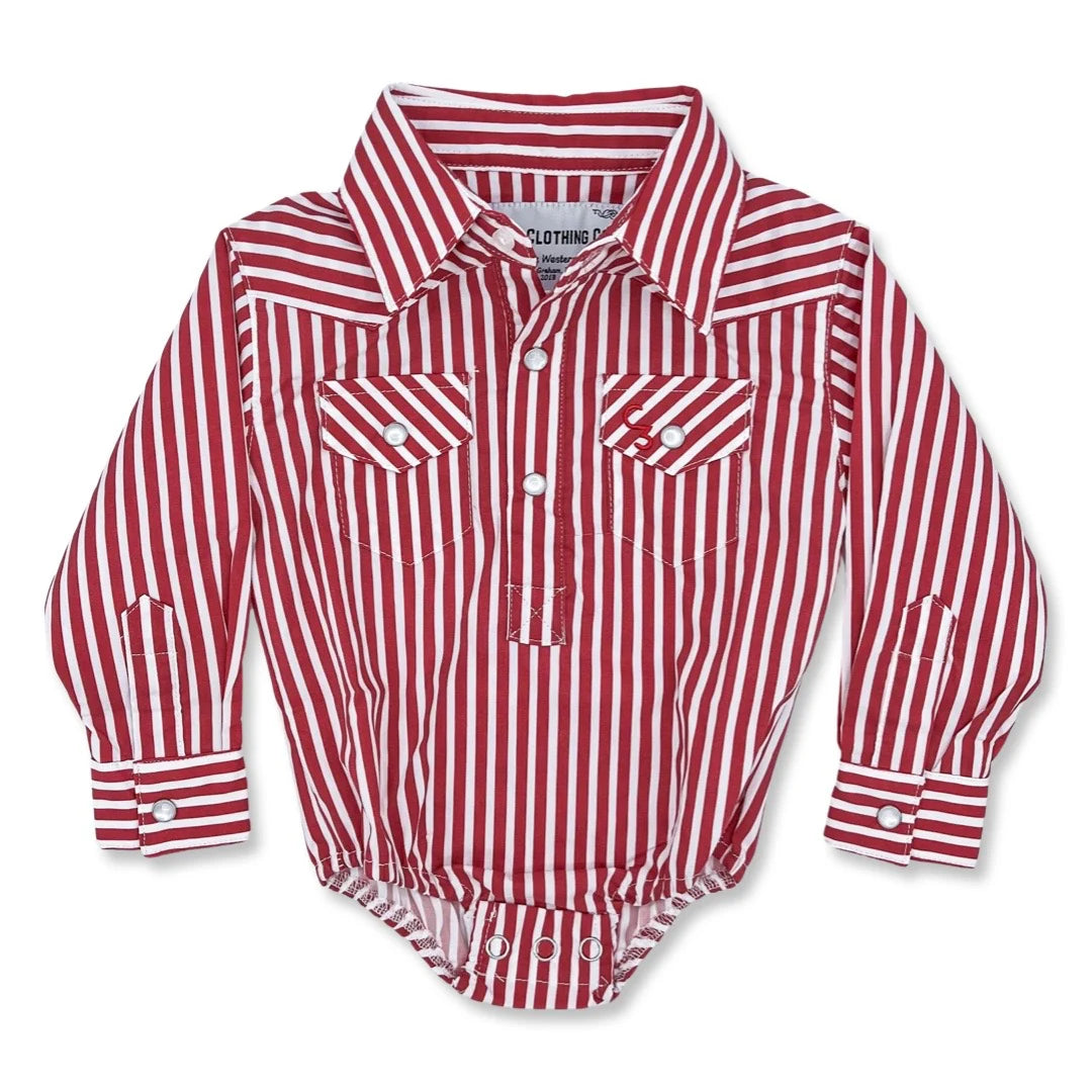 Red & White Stripe Long Sleeve Pearl Snap
