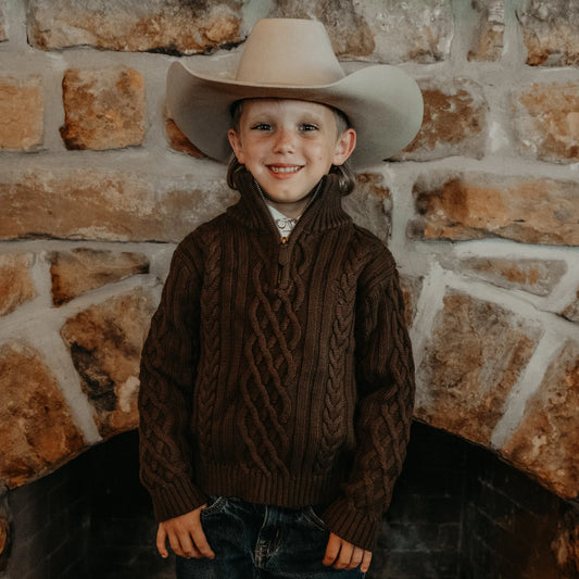 Dark Brown Quarter Zip Cable Knit Sweater (Infant-Adult)