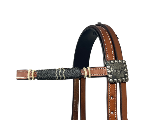 Browband w/Black Rawhide & Longhorn Conchos