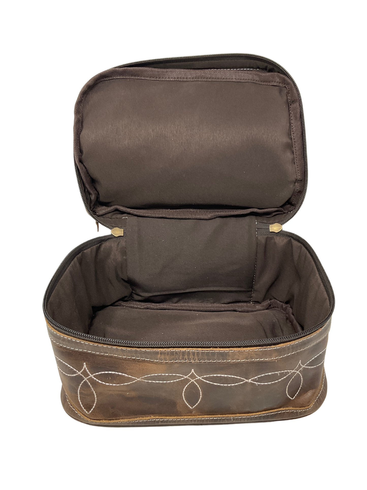 Leather Boot Stitch Double Decker Cosmetic Bag