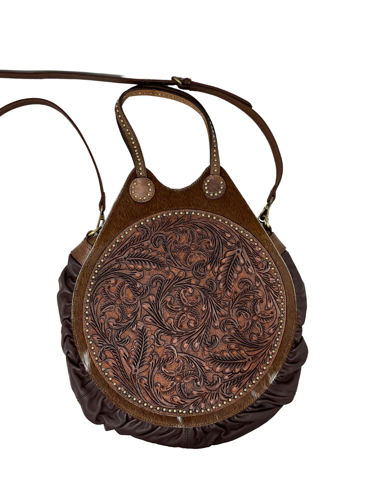 Floral Carved Leather w/Cowhide Canteen Purse