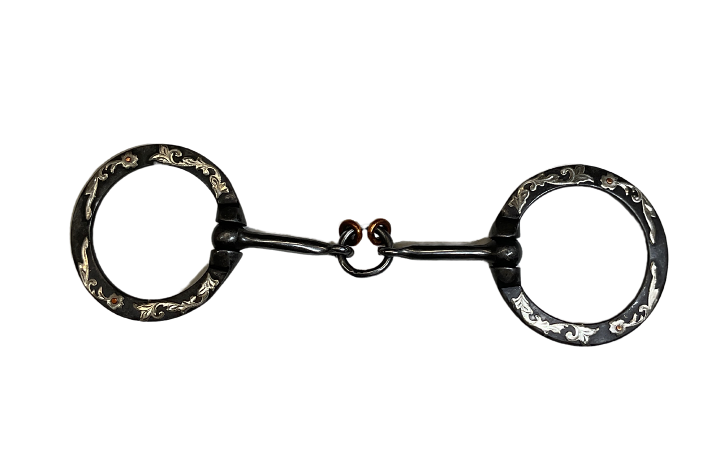 072 - Aged Steel Snaffle w/Center Ring & Floral Trim