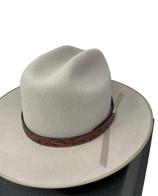 Floral Carved Leather Hat Band w/Tip Clip