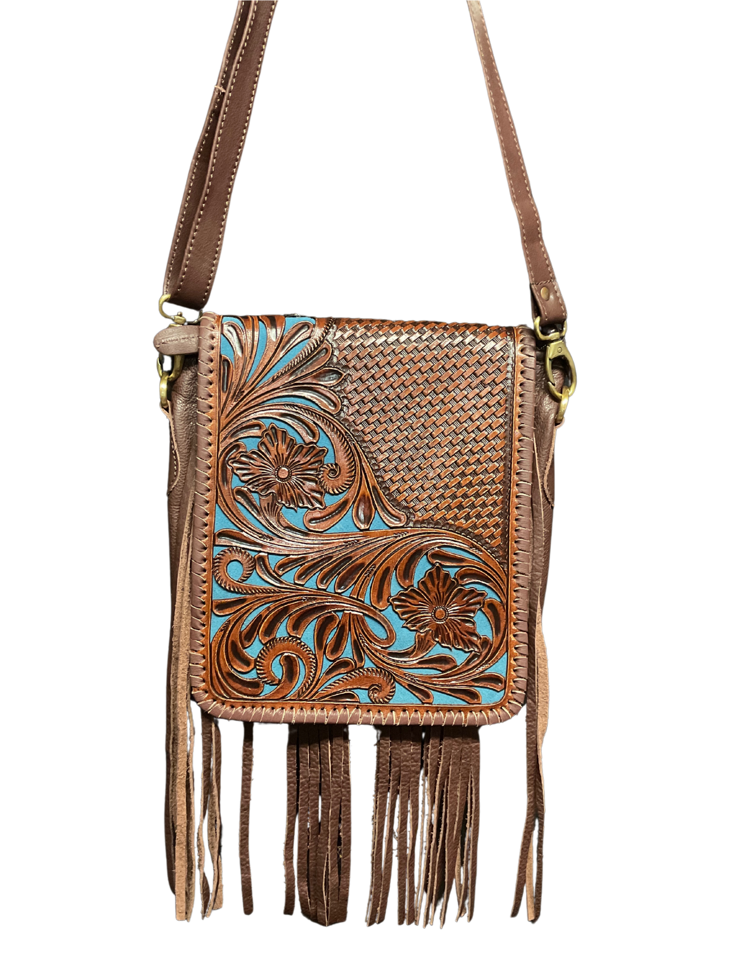 Dark Leather Purse w/Floral Filigree & Blue Background