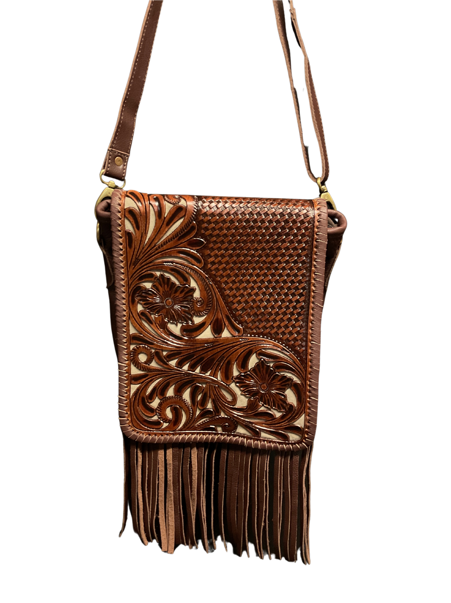 Dark Leather Purse w/Floral Filigree & Gray Background