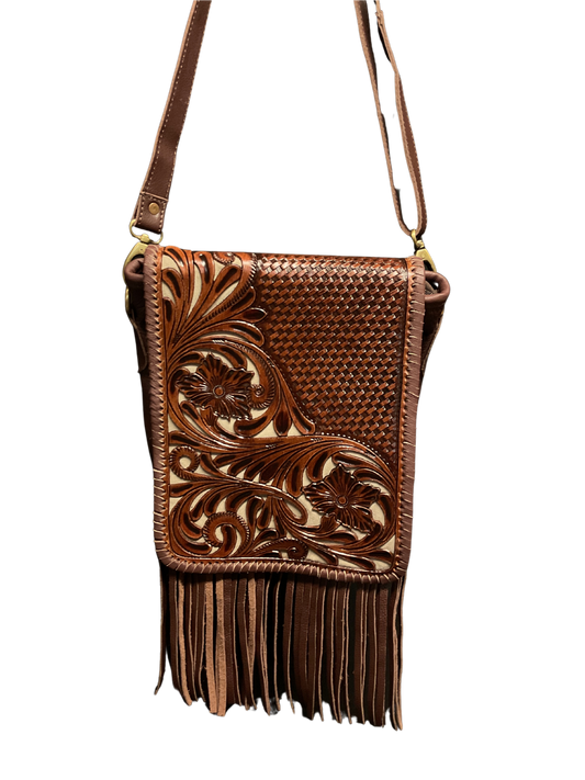 Dark Leather Purse w/Floral Filigree & Gray Background