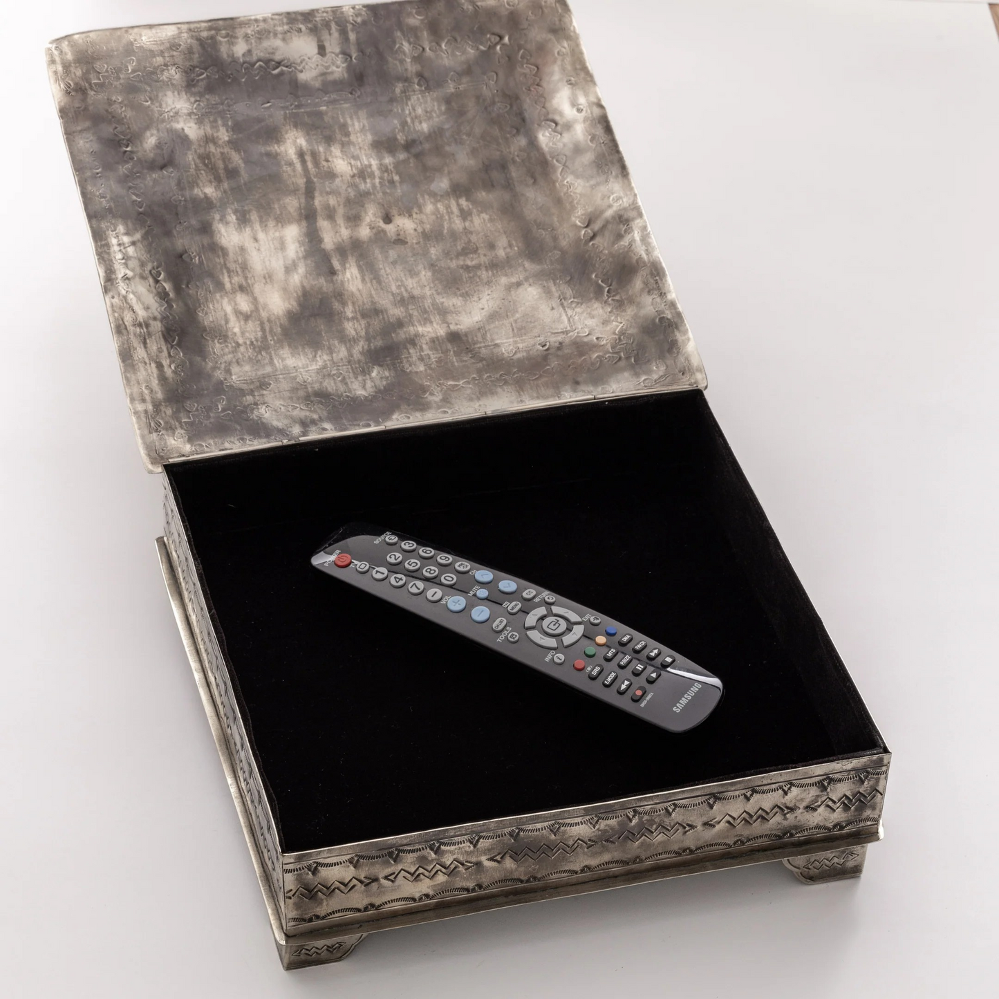 Stamped Large Square Box with Turquoise Stone