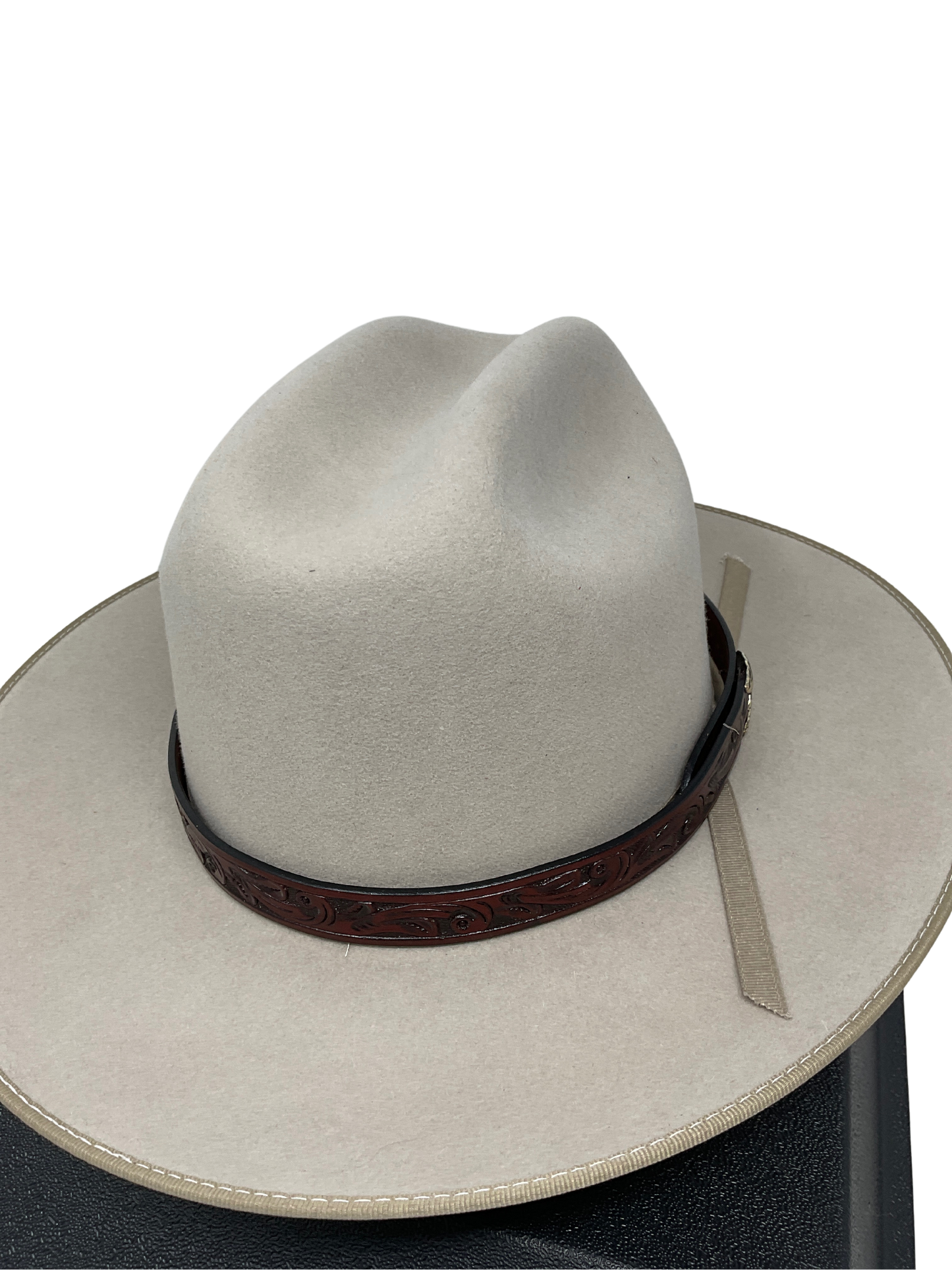 Floral Carved Leather Hat Band w/Tip Clip