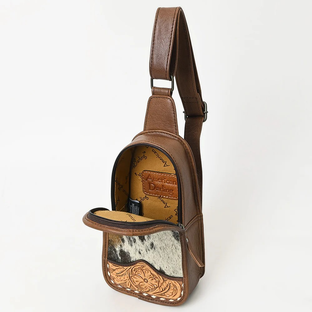 Cowhide w/Floral Carving Sling Purse