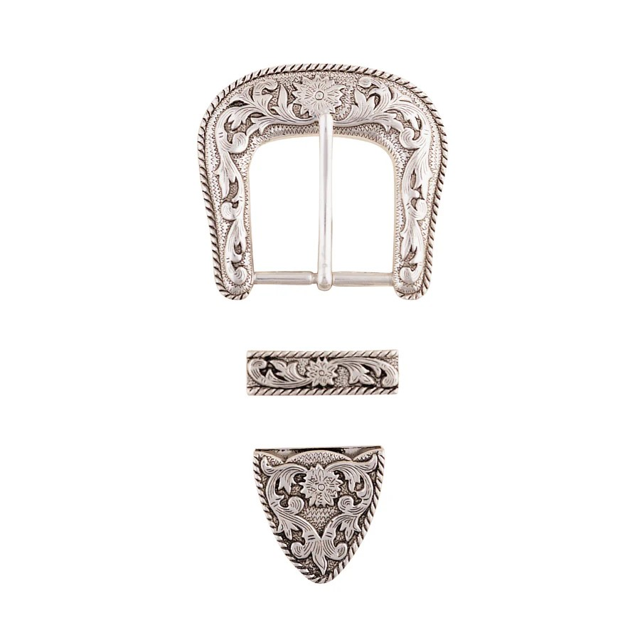 Western Antiqued Floral Buckle, Loop & Tip Set