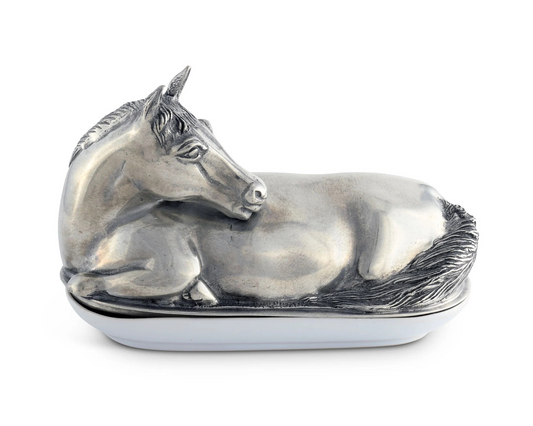 Covered Butter Dish with Pewter Horse