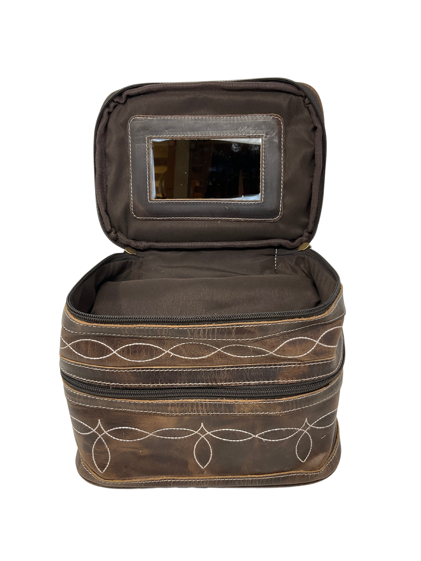 Leather Boot Stitch Double Decker Cosmetic Bag