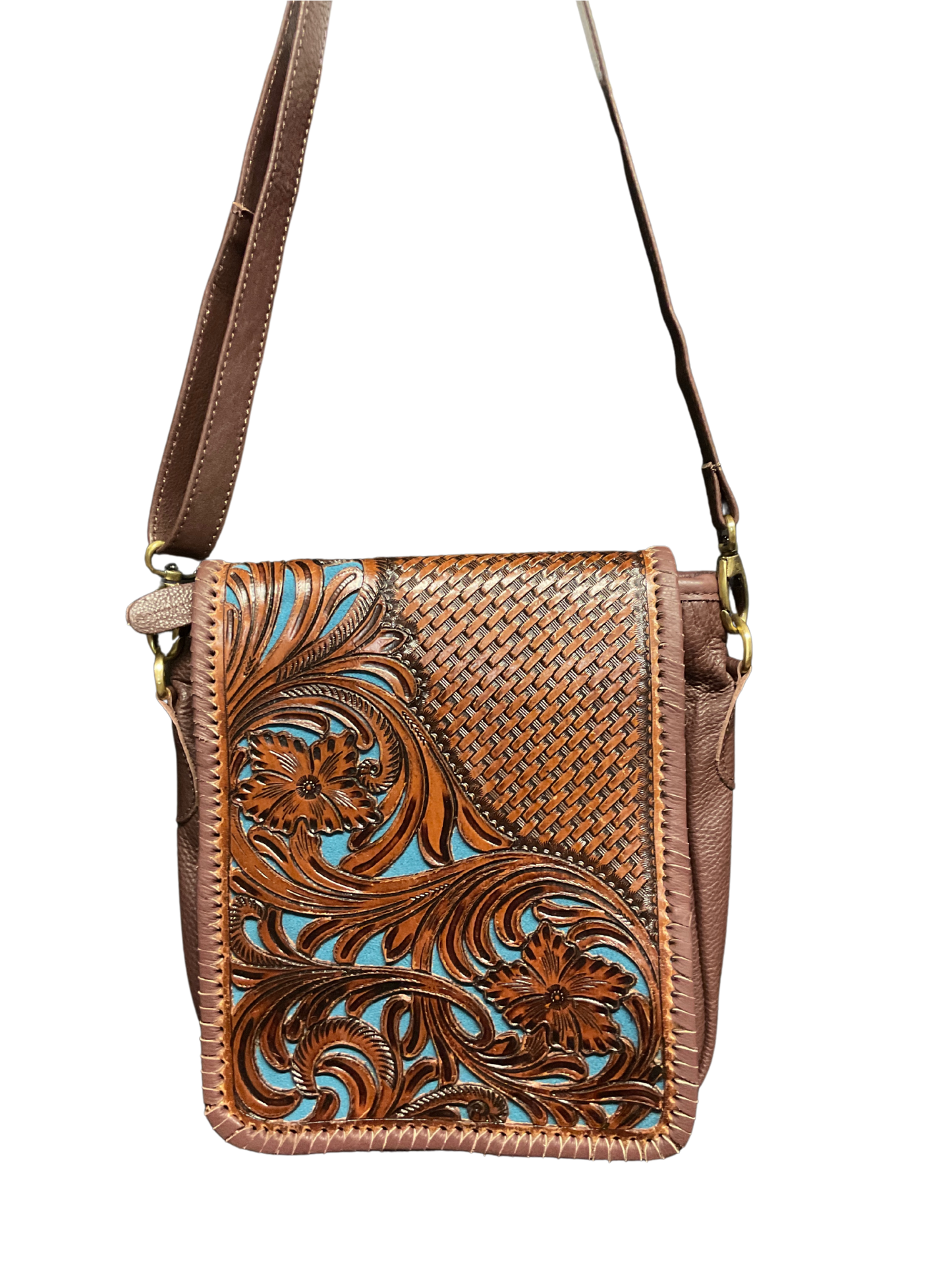 Dark Leather Purse w/Floral Filigree & Blue Background