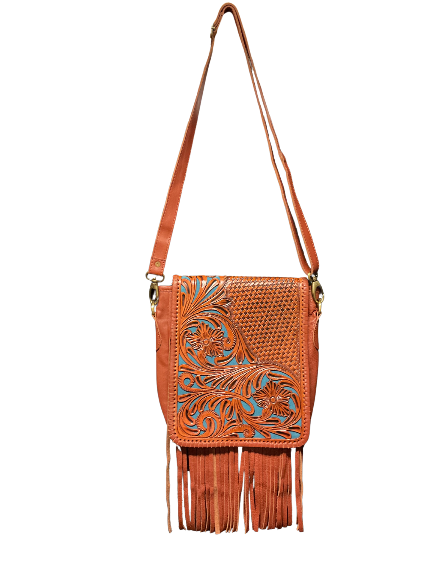 Light Leather Purse w/Floral Filigree & Blue Background