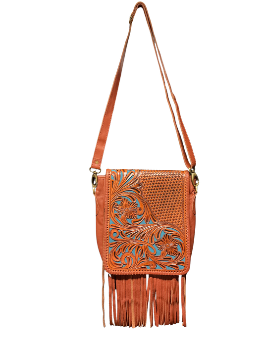 Light Leather Purse w/Floral Filigree & Blue Background