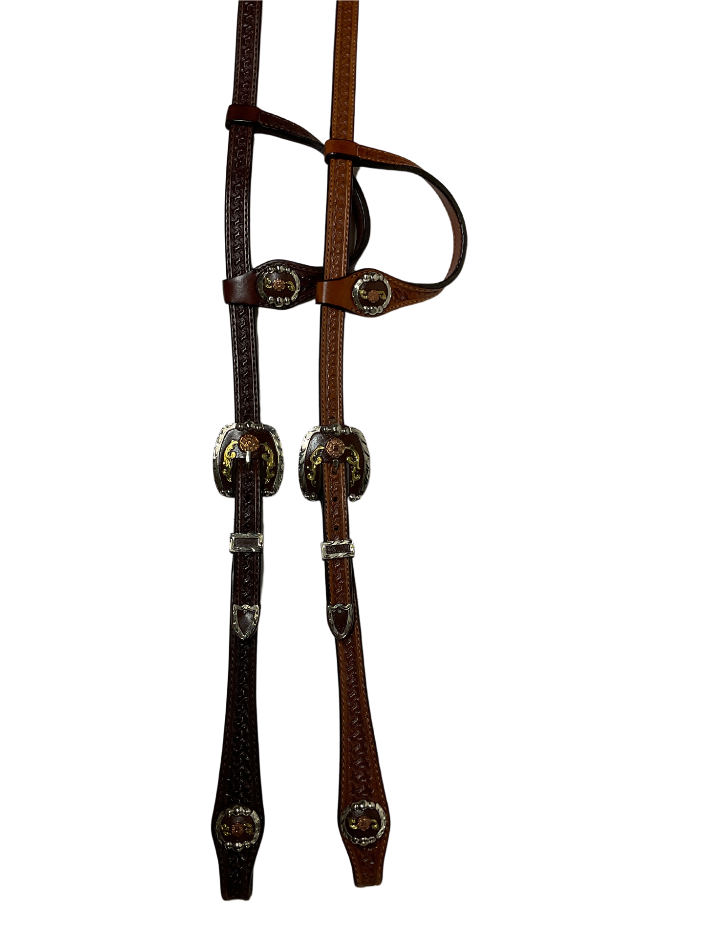 Single Ear Basket Stamped Rust California Double Buckles & Conchos