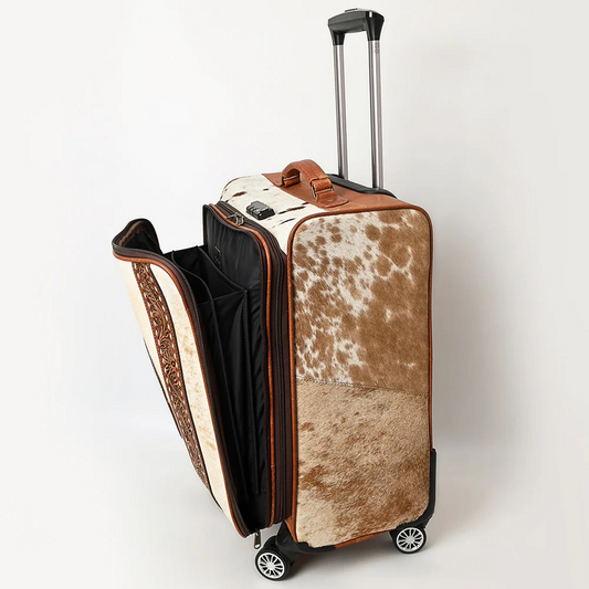 Wheeled Luggage w/Cowhide & Floral Carving