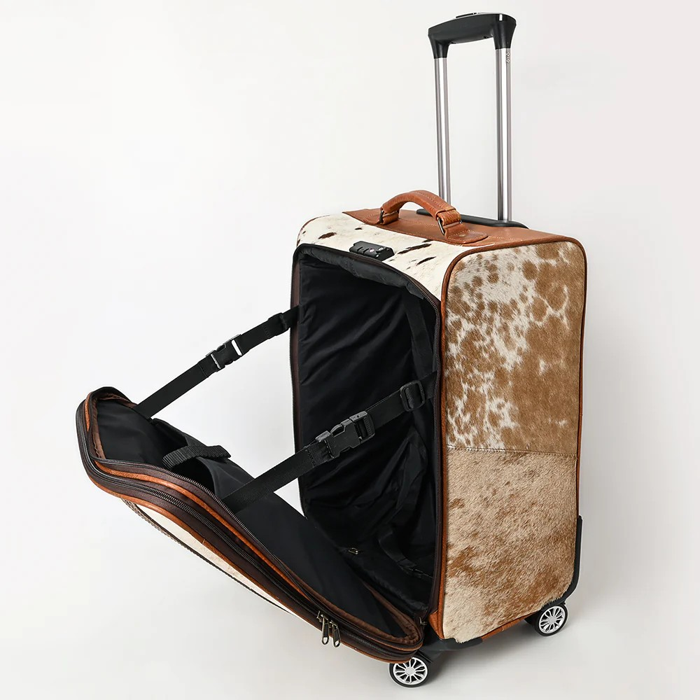 Wheeled Luggage w/Cowhide & Floral Carving