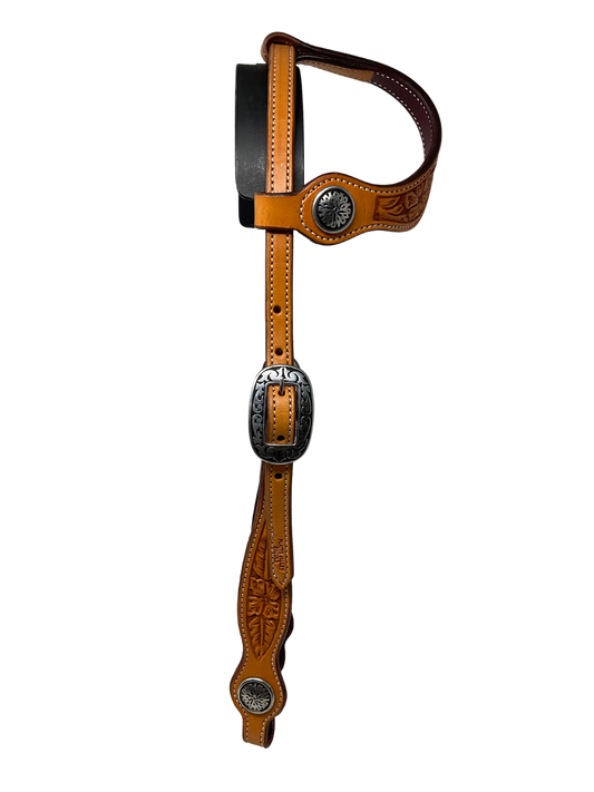 Single Ear Floral Carved Leather w/Conchos