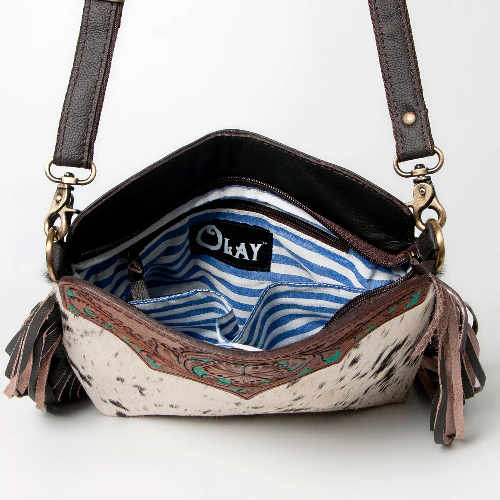 Floral Carved Leather & Cowhide Fringed Purse
