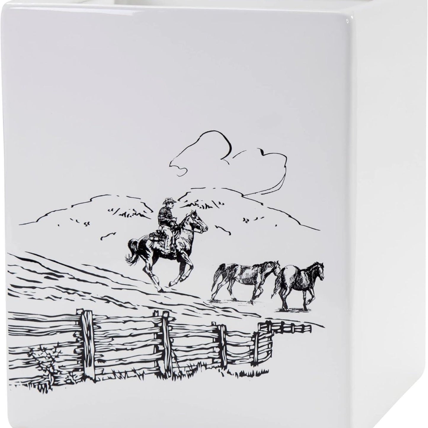 Ranch Life Ceramic Waste Basket with Black and White Cowboy Horse Print