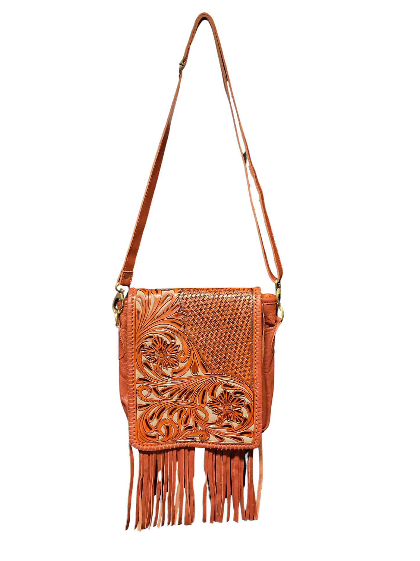 Light Leather Purse w/Floral Filigree & Blue Background
