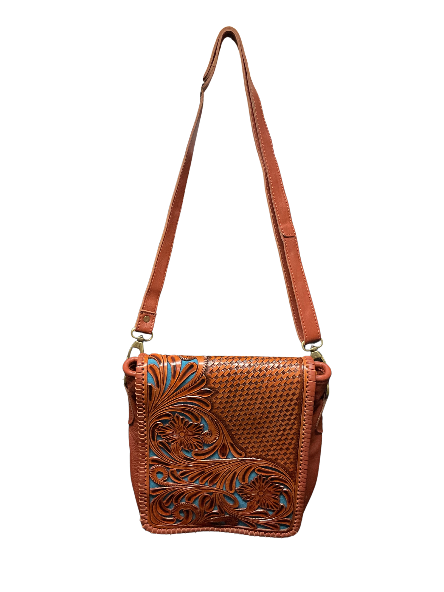 Light Leather Purse w/Floral Filigree & Blue Background