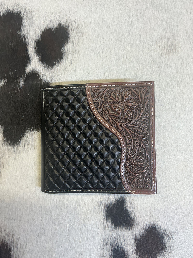Dark Brown Floral Carved Bi-Fold Wallet