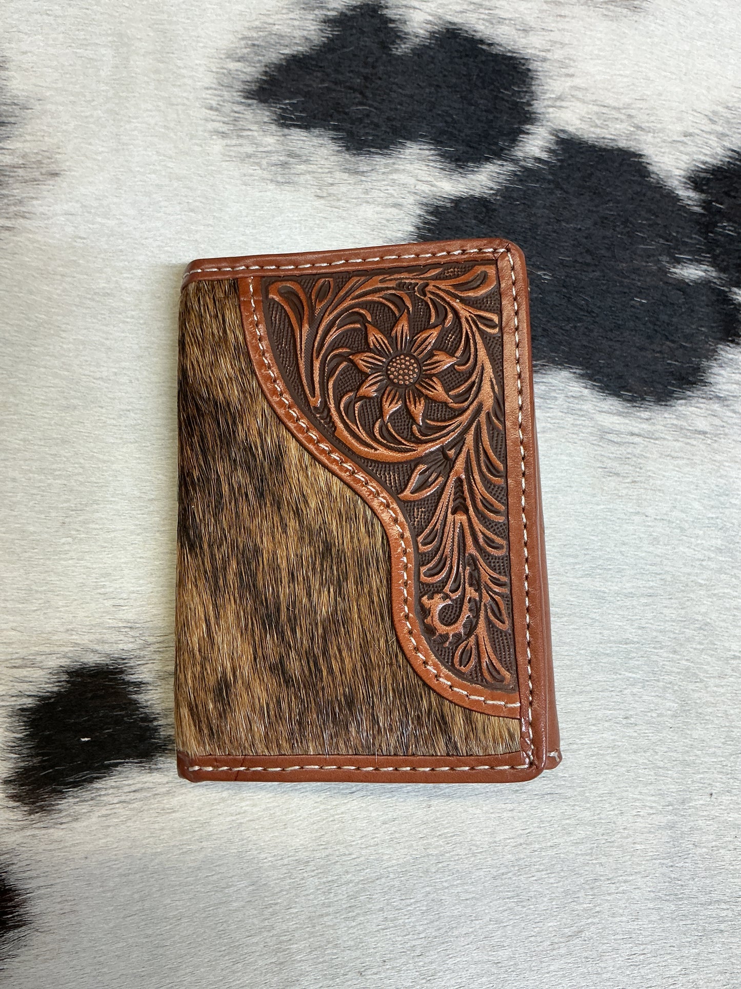 Trifold Hair-On Wallet w/Floral Carving