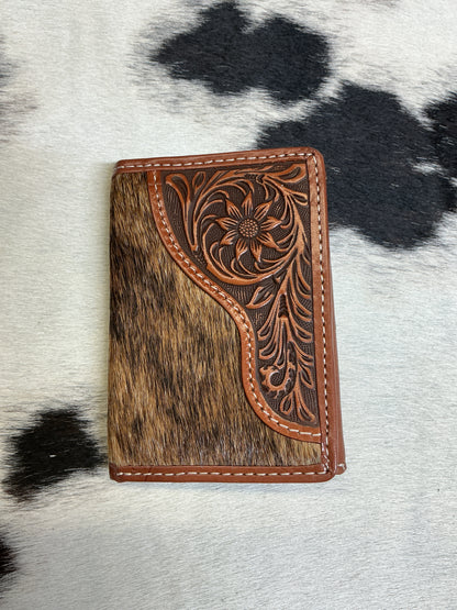 Trifold Hair-On Wallet w/Floral Carving