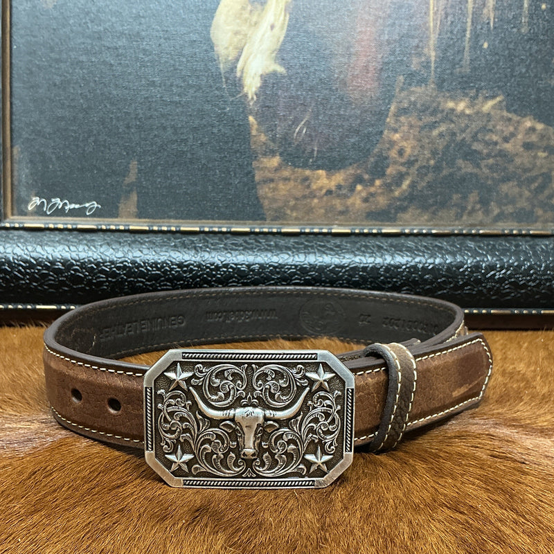 Stitched Leather/Longhorn Kids Belt