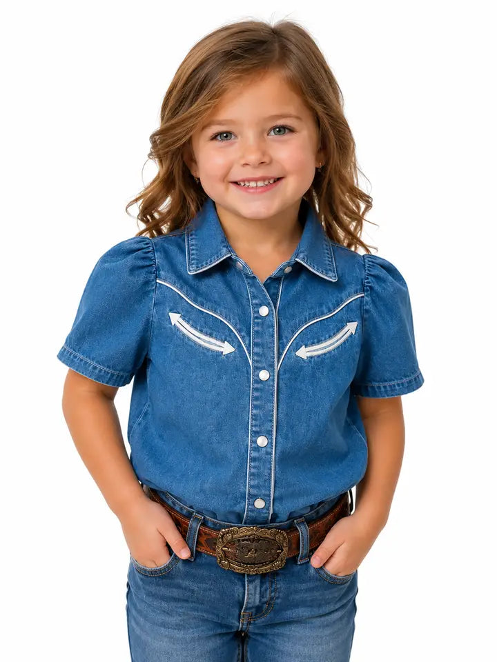 Girls Denim Short Sleeve Pearl Snap