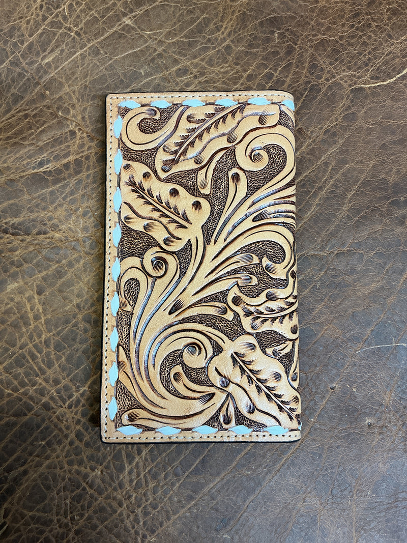 Floral Carved 4 Aces Wallet w/Buck Stitching
