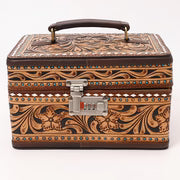Tooled Leather Lockbox with Floral Scrollwork & White Lacing-Jewelry Case