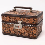 Tooled Leather Lockbox with Floral Scrollwork & White Lacing-Jewelry Case