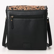 Black Quilted Crossbody Bag with Floral Tooled Leather Flap