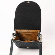 Black Quilted Crossbody Bag with Floral Tooled Leather Flap