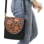 Black Quilted Crossbody Bag with Floral Tooled Leather Flap