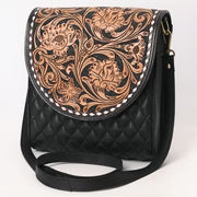 Black Quilted Crossbody Bag with Floral Tooled Leather Flap
