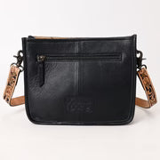 Black Quilted Crossbody Bag with Floral Tooled w/Fringe