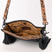 Black Quilted Crossbody Bag with Floral Tooled w/Fringe