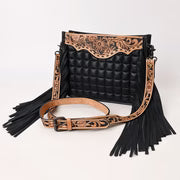 Black Quilted Crossbody Bag with Floral Tooled w/Fringe