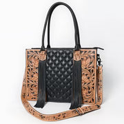 Hand-Tooled Leather Quilted Tote w/Fringe Shoulder Bag