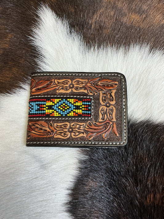 Bi-Fold Floral Carved Wallet w/Sunburst Beading